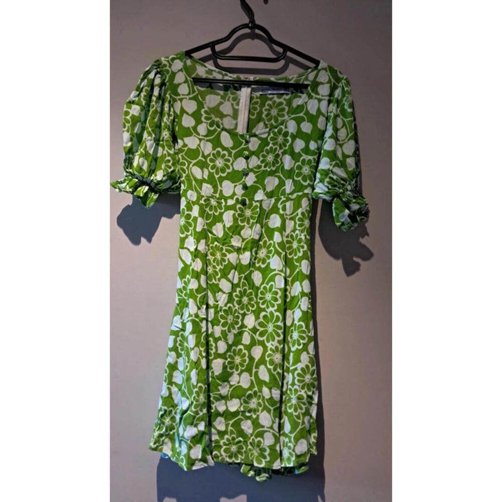 Faithfull the brand neon lime green 70s floral mini dress Medium